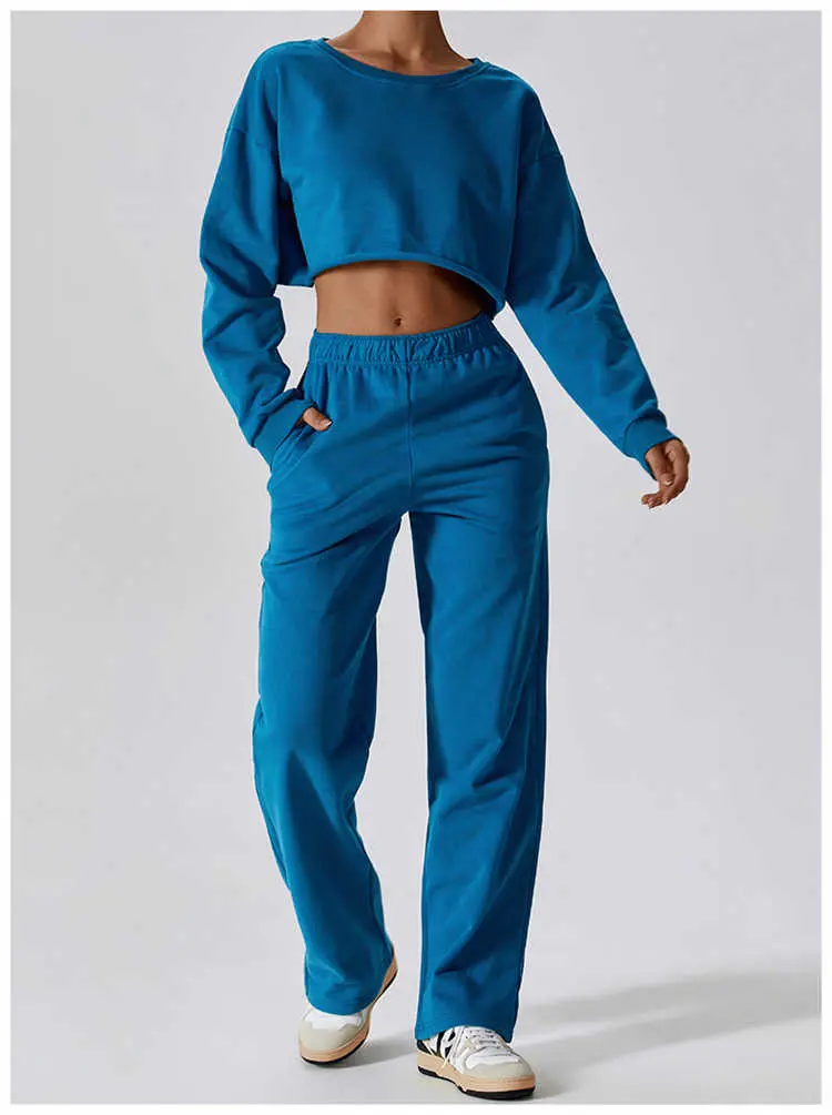 Crop Crewneck Hoodie Jogger With Pocket Set